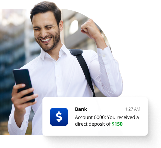 A happy man celebrating his direct deposit.