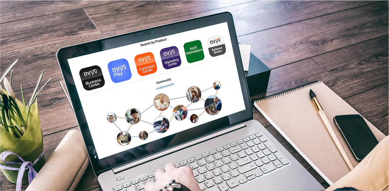 Image of a laptop screen showing all of Thryv's products