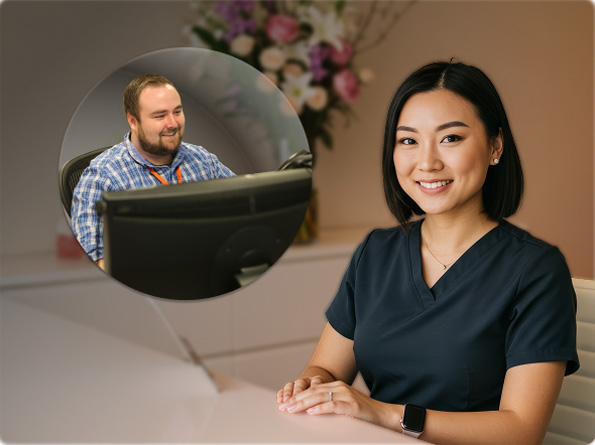 A medspa client coordinator smiling, with a smiling male customer service agent at a computer in front of her.