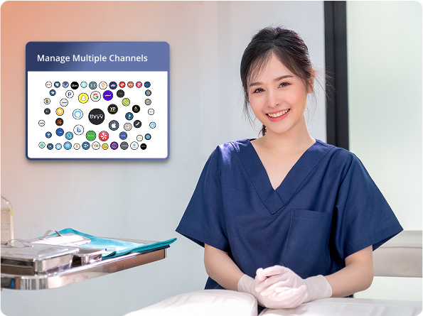 A medspa aesthetician smiling with multiple icons displaying Managing Multiple Channels