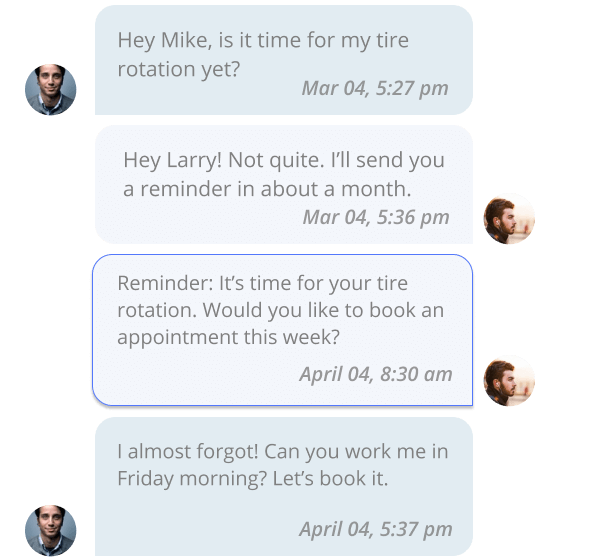Automated response to an auto services customer about their appointment in Thryv