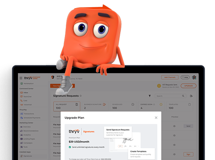 Thryv guy sitting on top of a laptop displaying Thryv's dashboard